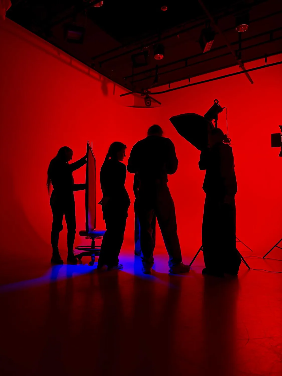 Students at work under the lights in the Huxley studio