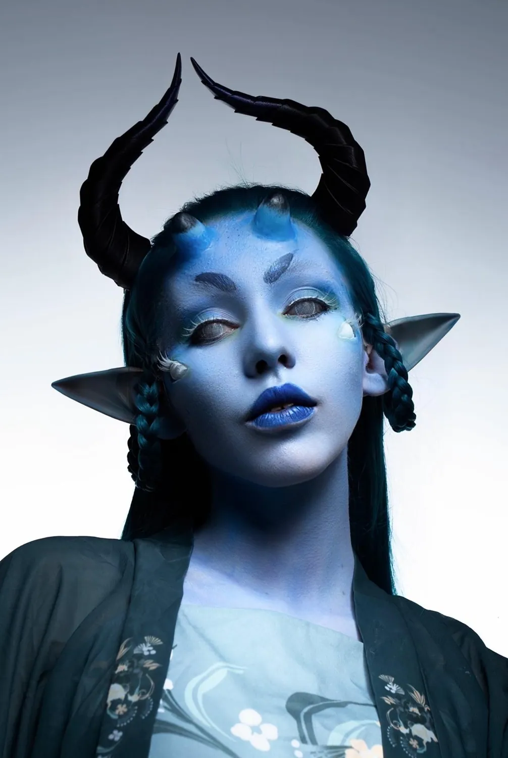 A finished character look from the SFX workshop, with sculpted horns and painted skin